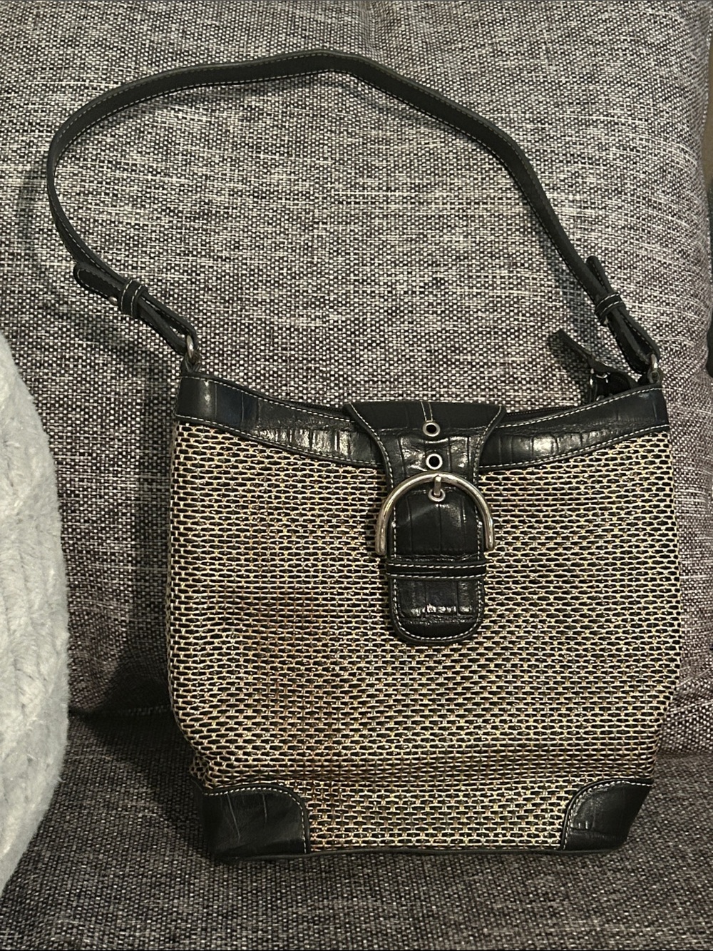 Woven Shoulder Bag with Brown Leather Trim